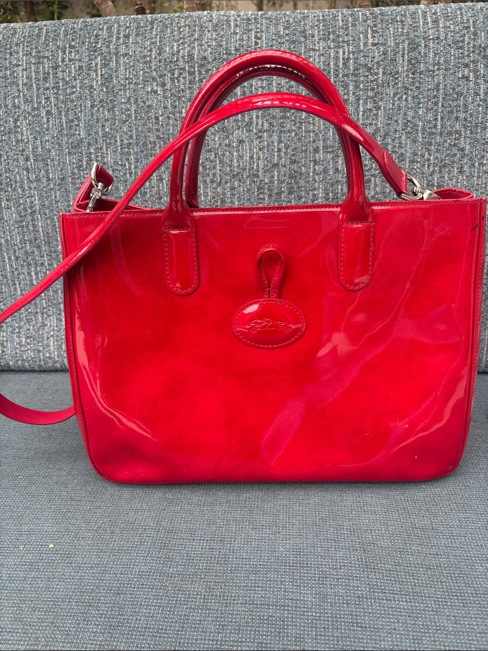 Longchamp Bright Red Patent Leather Tote Satchel